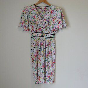 Vintage 80s Ruffle Midi Dress Colourful Geometric Pattern by Kira Size 10 Medium